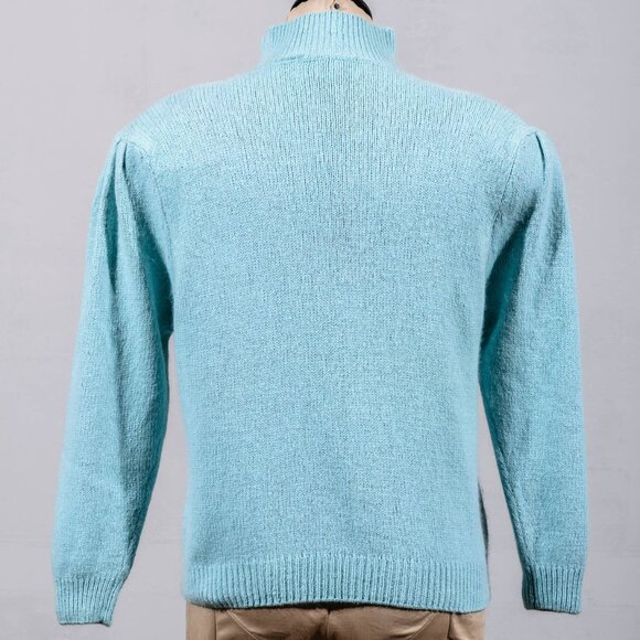 Novelli 50s Style 55% Silk Angora Robins Egg Blue Collar Cable Knit Sweater P/L - Picture 3 of 4